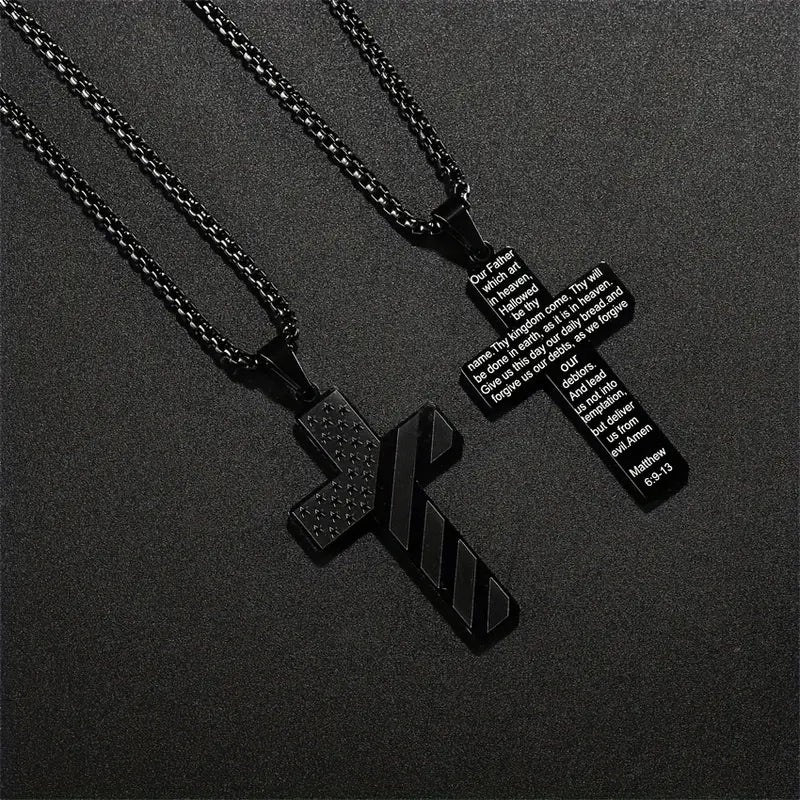 Stainless Steel Cross Necklace with American Flag & Bible Verse Pendant