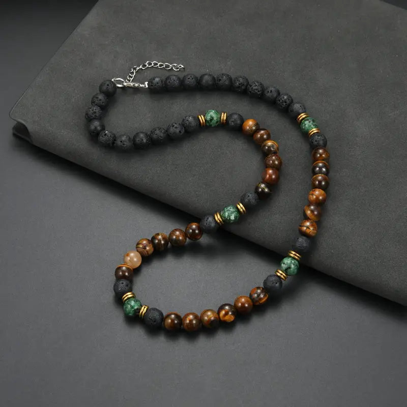 Opulent Tiger Eye Bead StatementNecklace Golden Clasp