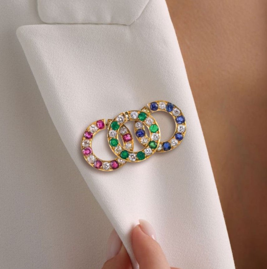 Gold Round Cut Multi-Colored Circle Brooch