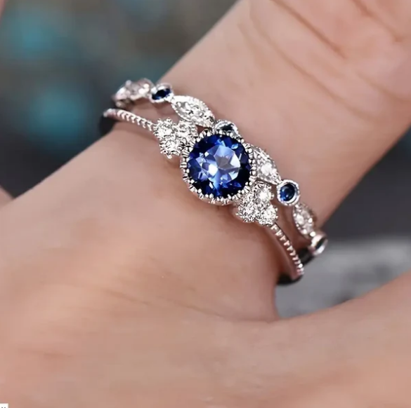Silver sapphire halo ring