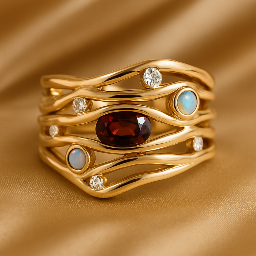 Vintage Multi-Stone Gold Wave Ring