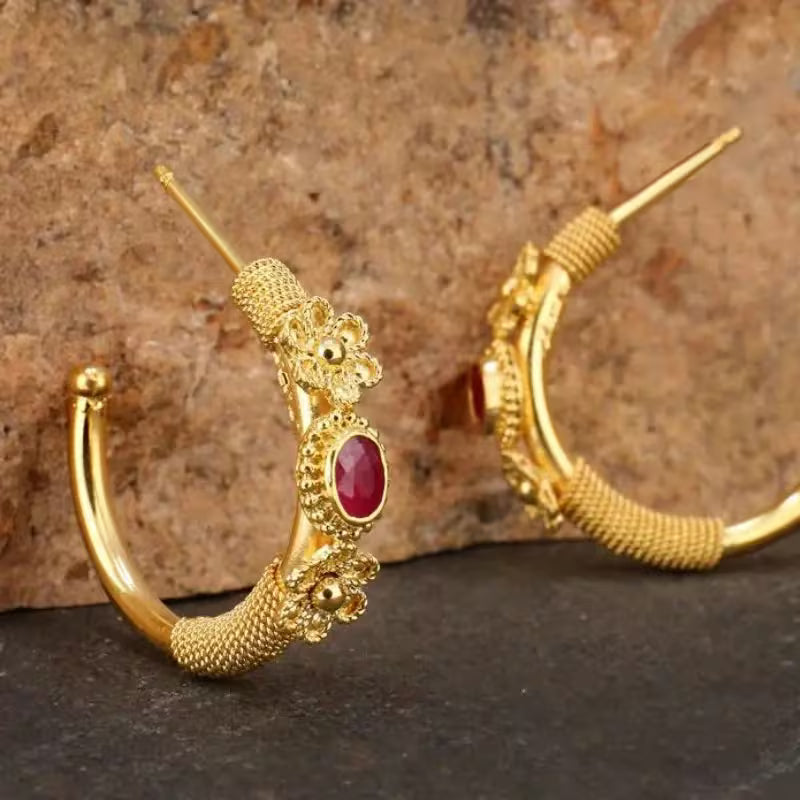 Vintage Floral Red Zirconia Hoop Earrings