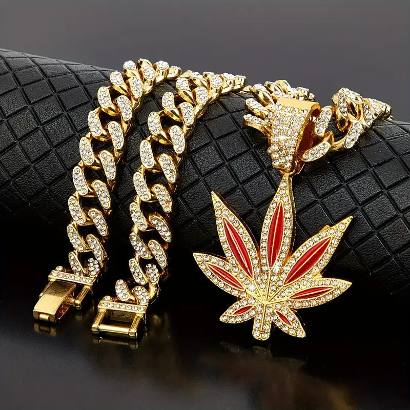 Green Leaf Retro Cuban Necklace – Hip-Hop Style for Men