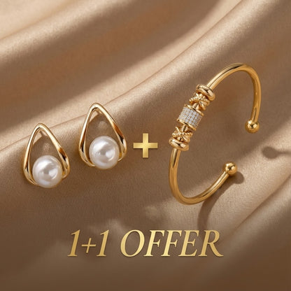 1+1 Offer: Triangular Hollow Earrings with Elegant Pearls + Adjustable bracelet with golden charms