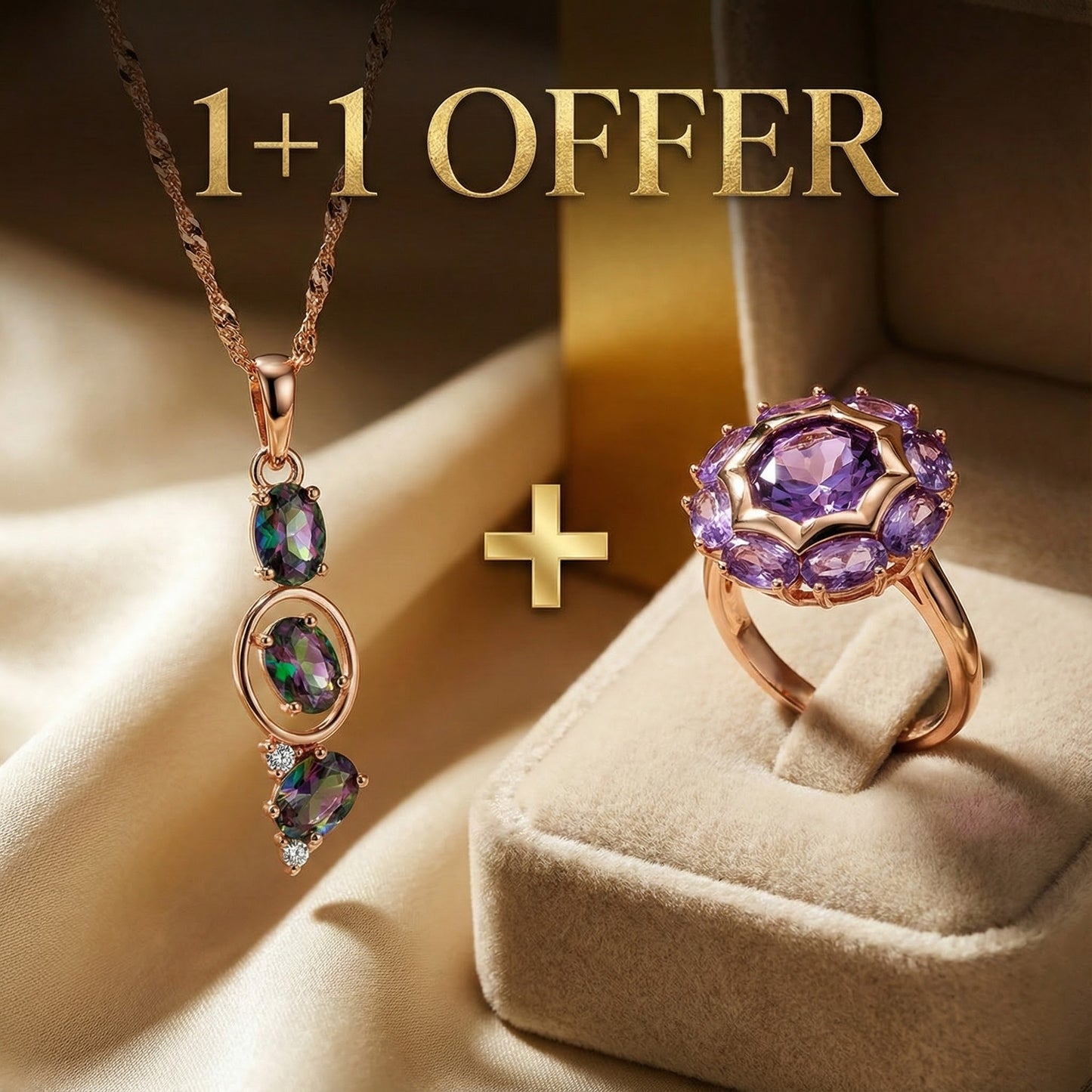 1+1 Offer: Ring with rounded violet crystal + Elegant multicolored necklace
