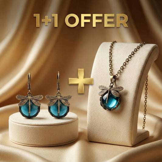 1+1 Offer: Vintage Dragonfly Necklace + Spherical dragonfly earrings in antique gold