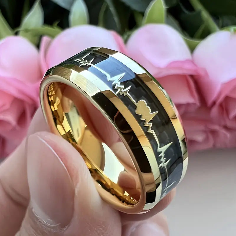 Titanium Stainless Ring Heartbeat Carbon Fiber Inlay