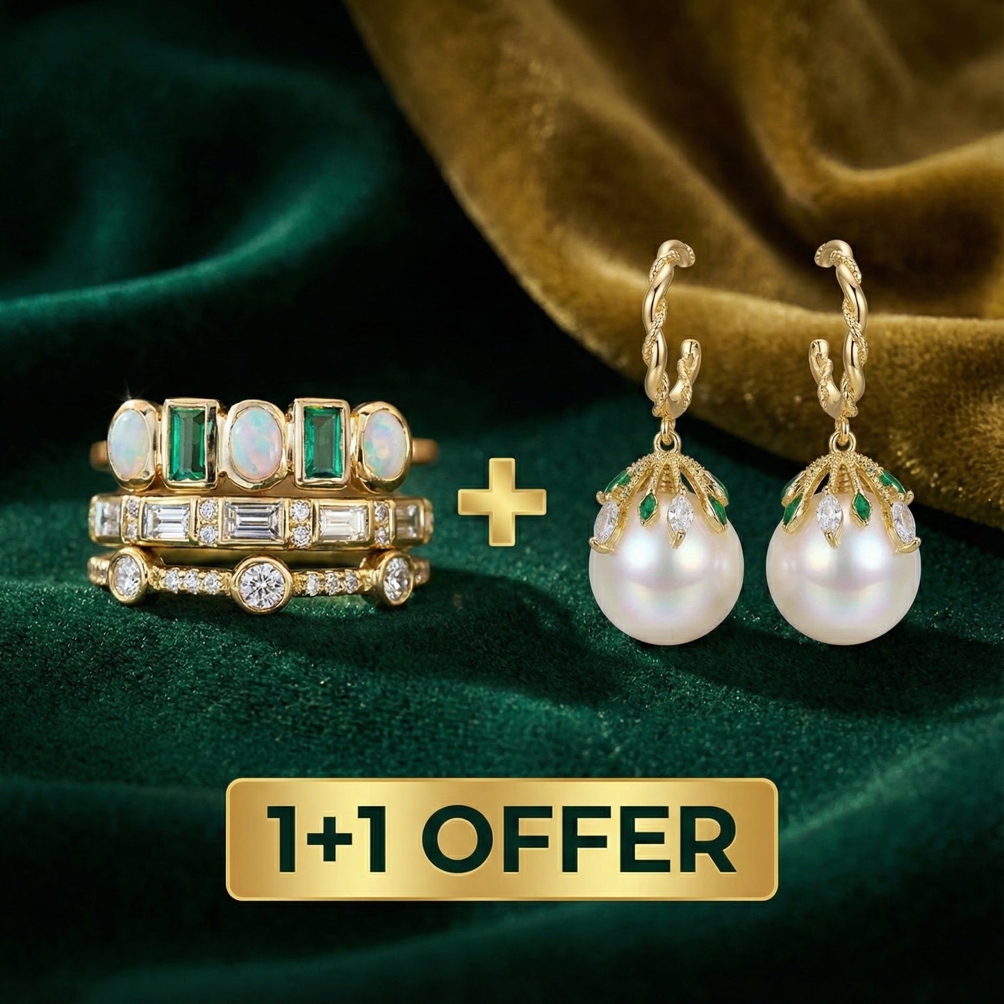 1+1 Offer: Malia Elegant Pearl Earrings + Ring set with white and green opal