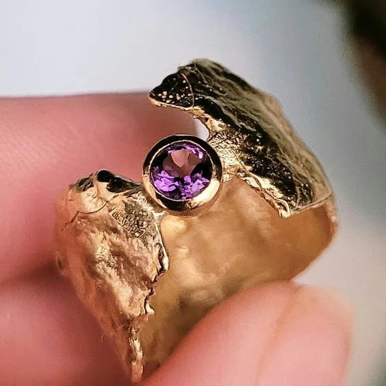 1+1 Offer: Vntage Purple Zirconia Gold Forged Ring + Antique Gold Dragonfly Sphere Earrings