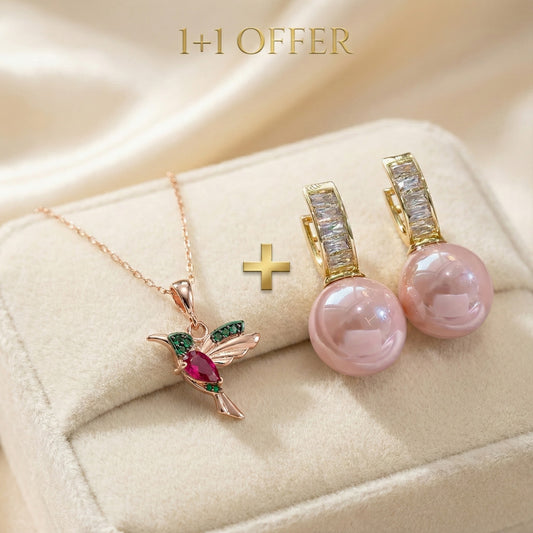1+1 Offer: Pink Pearl Zirconia Gold Earrings + Humming Bird Red Necklace