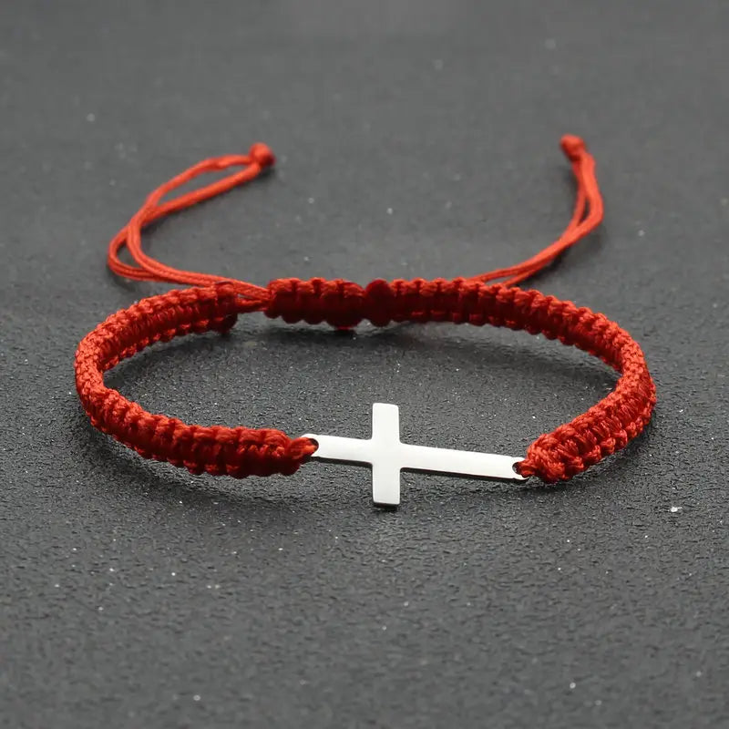 Handwoven Cross Bracelet With Silver Threads Charms
