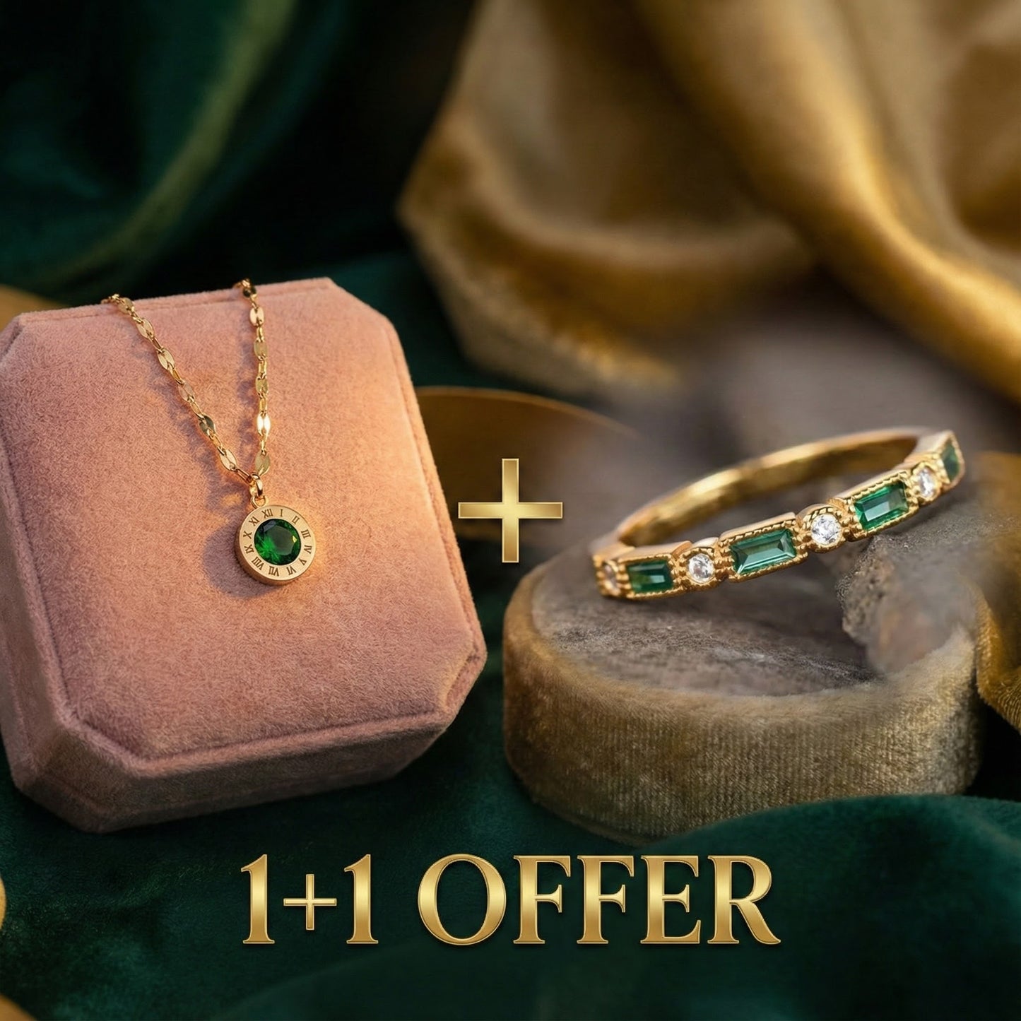 1+1 Offer: Vintage Green Zirconia Gold Ring + Time Necklace with Emerald in Gold