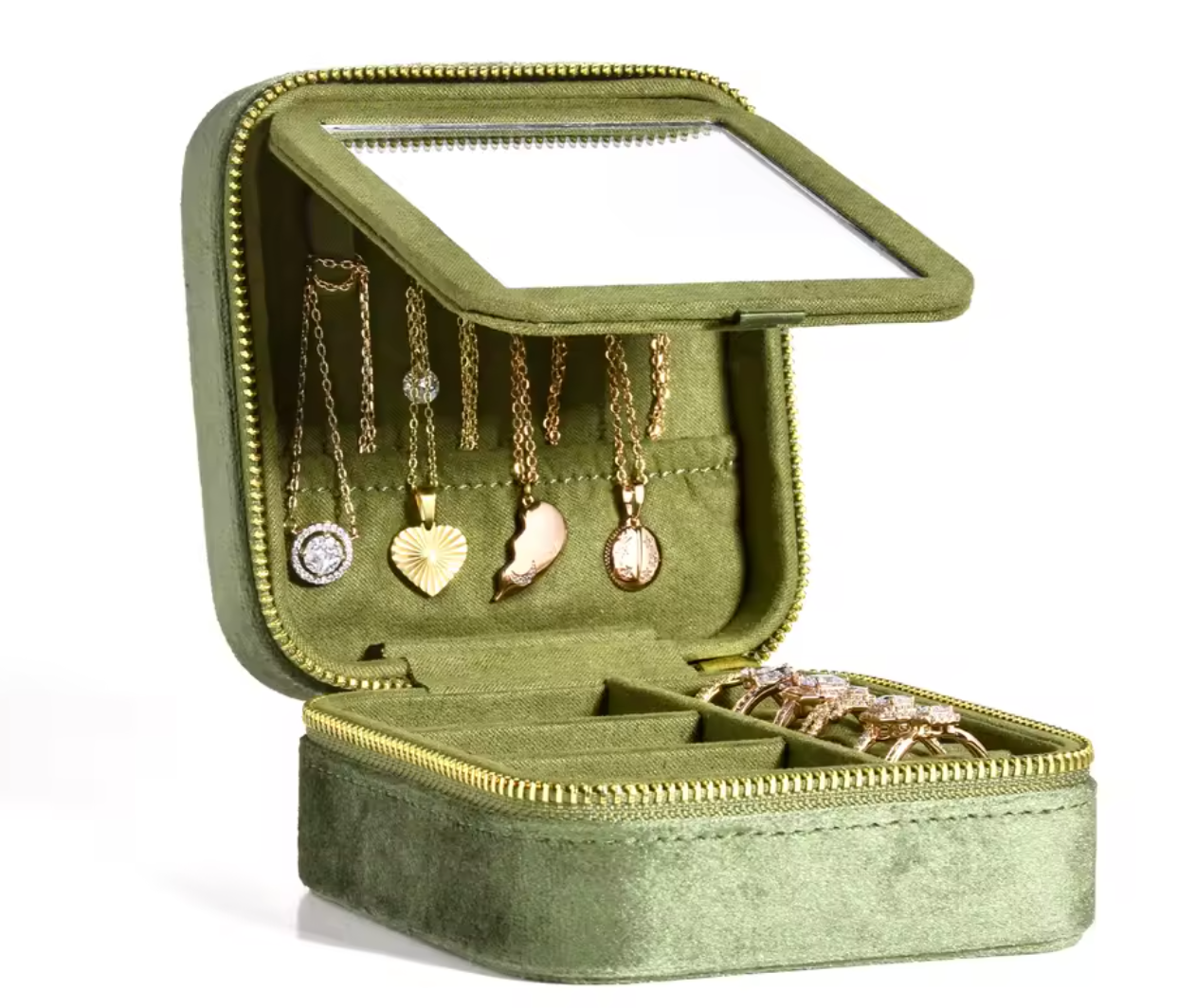 Compact Velvet Jewelry Box with built-in mirror
