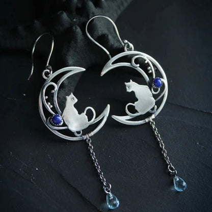 Blue Zirconia Cat Boho Earrings in Silver