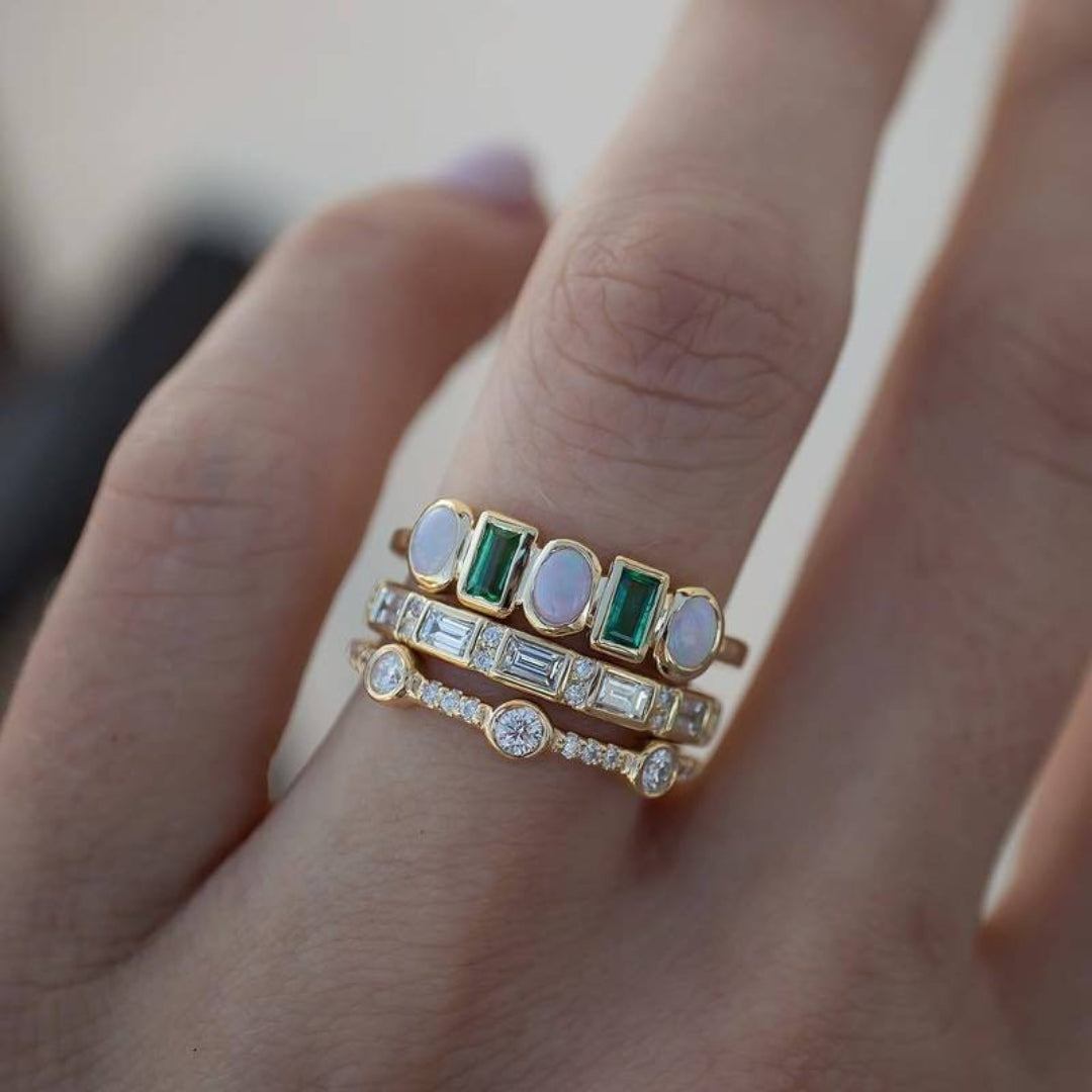 White & Green Opal Ring Set