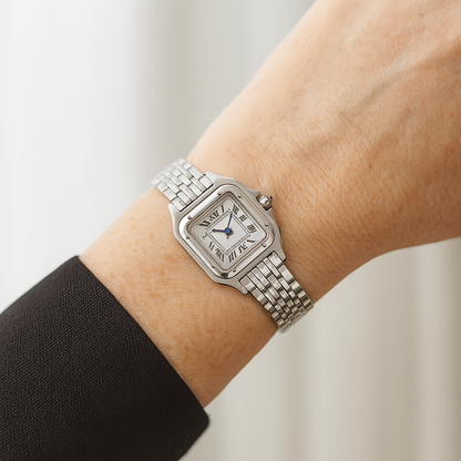 Luxurious Polished Silver Square Wristwatch Roman Dial