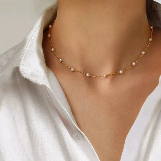 Gold spaced pearl chain necklace