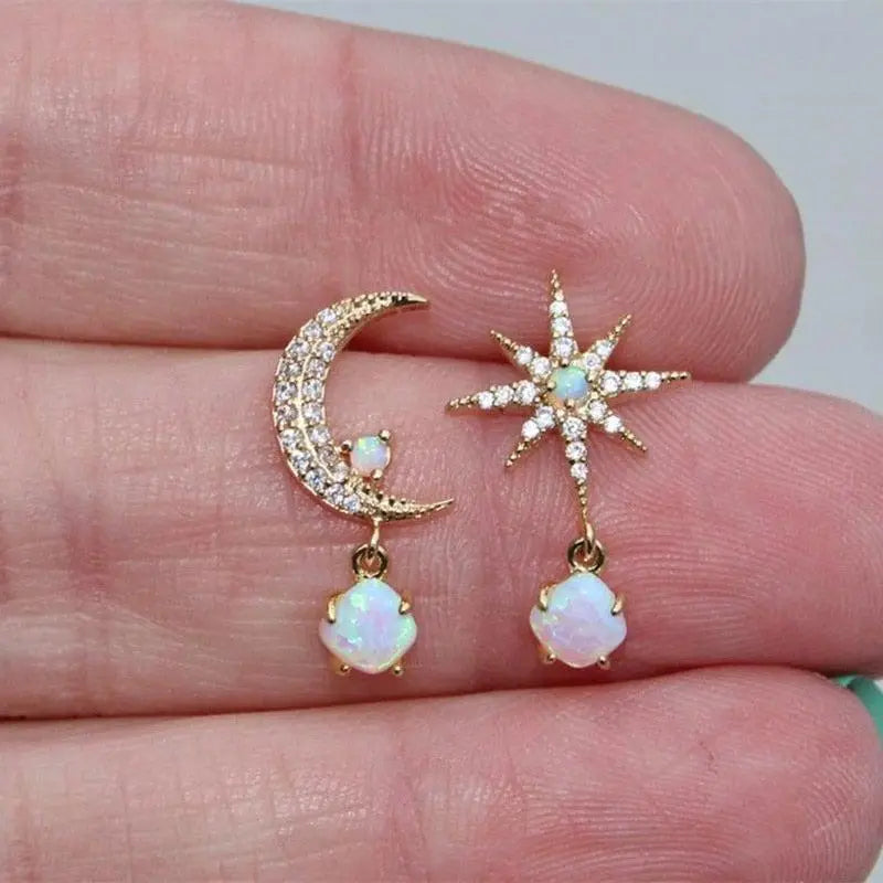 Golden Opal Moon and Star Earrings