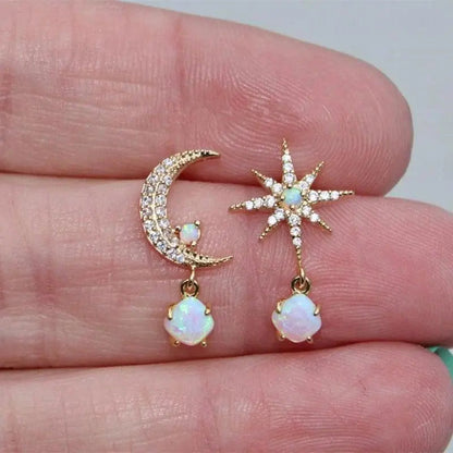 Golden Opal Moon and Star Earrings