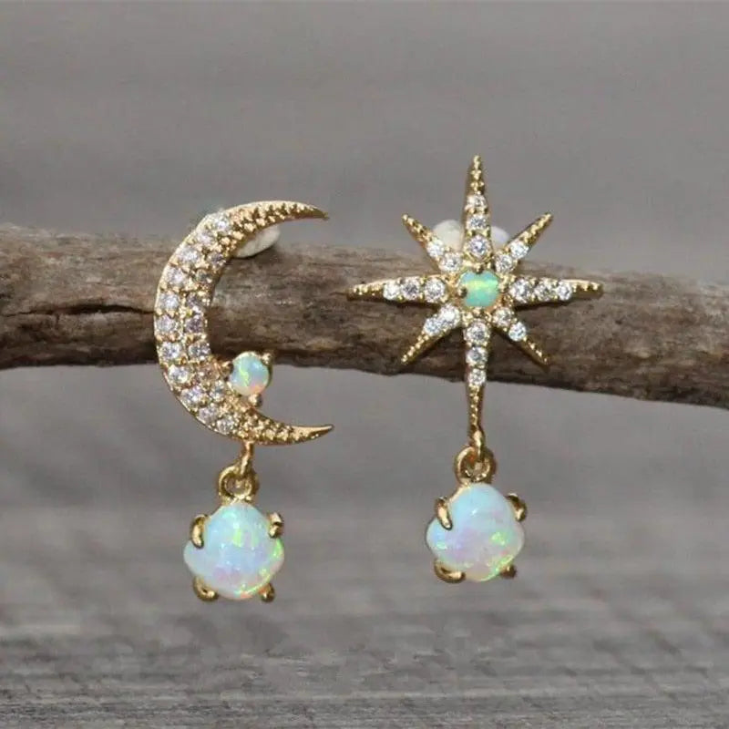 Golden Opal Moon and Star Earrings