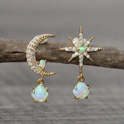 Golden Opal Moon and Star Earrings