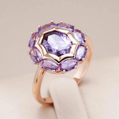 1+1 Offer: Ring with rounded violet crystal + Elegant multicolored necklace