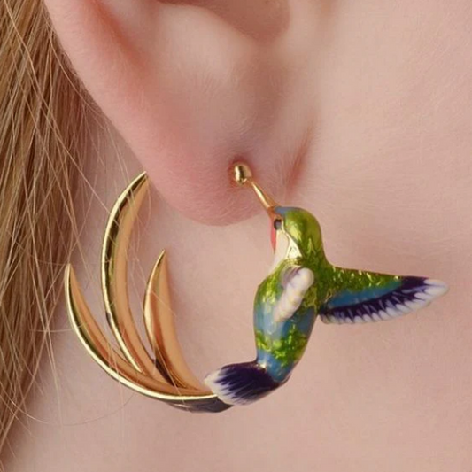 Vintage enamel hummingbird hoop earrings
