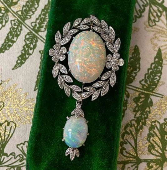 Vintage Milgrain Wreath Oval Cut Opal Brooch