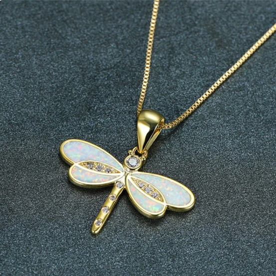 Simulated Opal Dragonfly Pendant Necklace