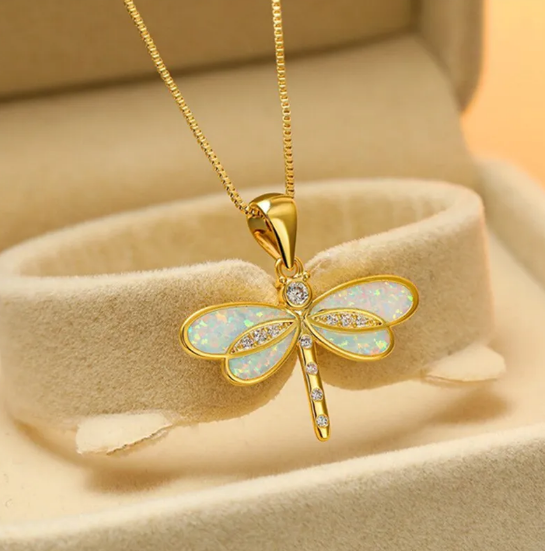 Simulated Opal Dragonfly Pendant Necklace