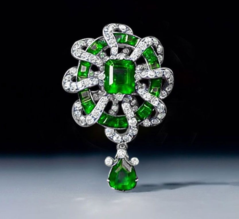 Antique Asscher & Pear Cut Emerald Sapphire Brooch