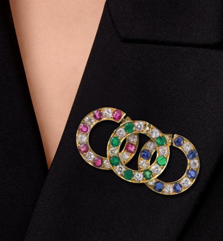 Gold Round Cut Multi-Colored Circle Brooch