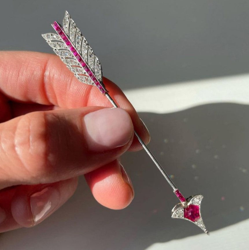 Art Deco Ruby & Sapphire Baguette Cupid Arrow Brooch