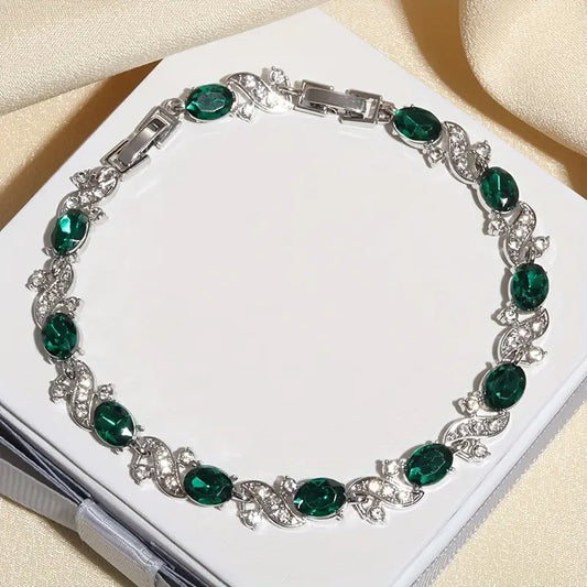 Silver emerald vintage link bracelet