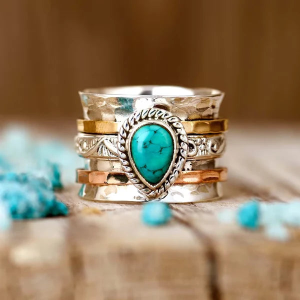 1+1 Offer: Vintage Turquoise Inlaid Stone Gold & Silver Ring + Mediterranean Tears – Turquoise Stone Stud Earrings