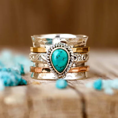 1+1 Offer: Vintage Turquoise Inlaid Stone Gold & Silver Ring + Mediterranean Tears – Turquoise Stone Stud Earrings