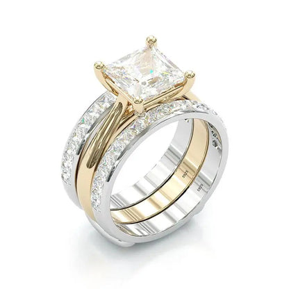 Elegant Princess-Cut Gold & Silver Ring Set