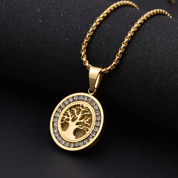 1+1 Offer: Luxuriously Goldtone Tree Of Life Necklace Zirconia + Vintage Gold & Zirconia Ring Pack
