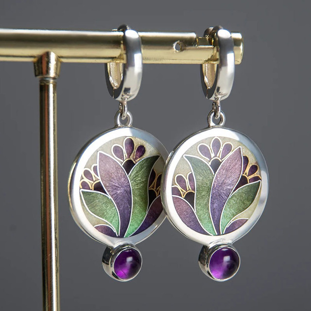Silver Boho Earrings with Purple Crystals