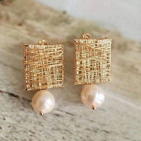 Gold Thread Earrings with Vintage Pearls