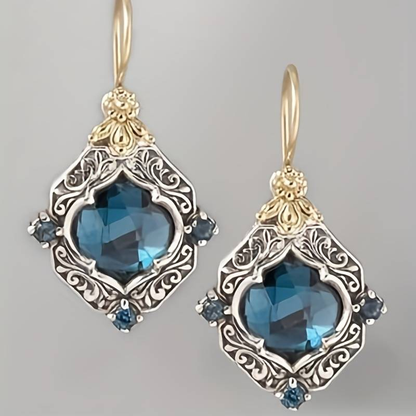 Blue Crystal Gold-Silver Statement Earrings
