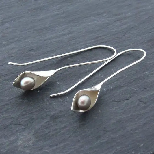 Geometric Silver Pearl Drop Earrings