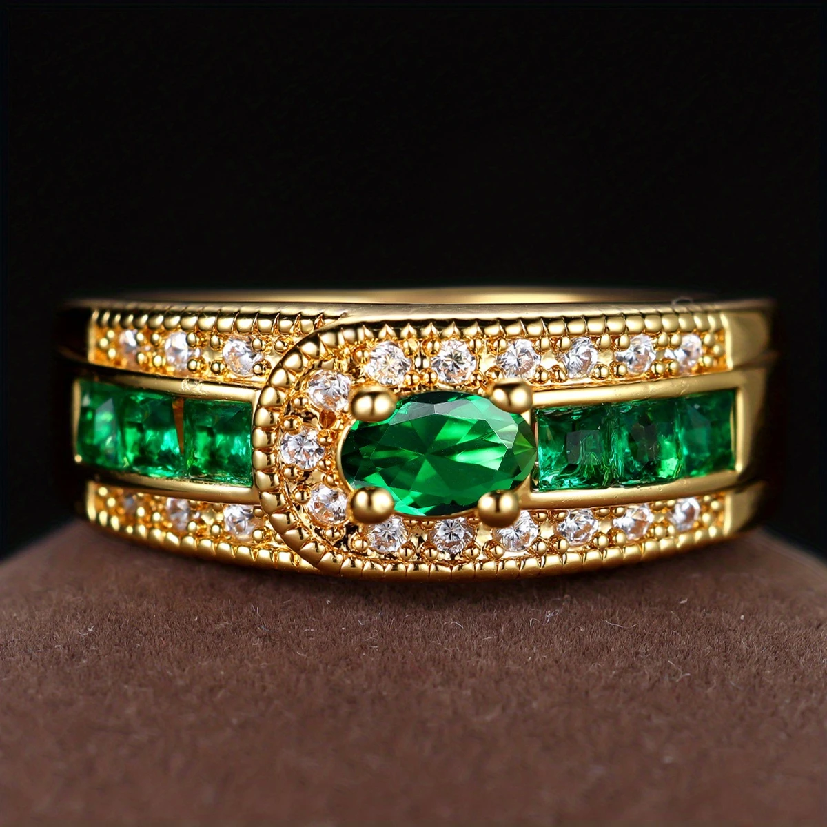 Vintage gold ring with cubic zirconia and green stones